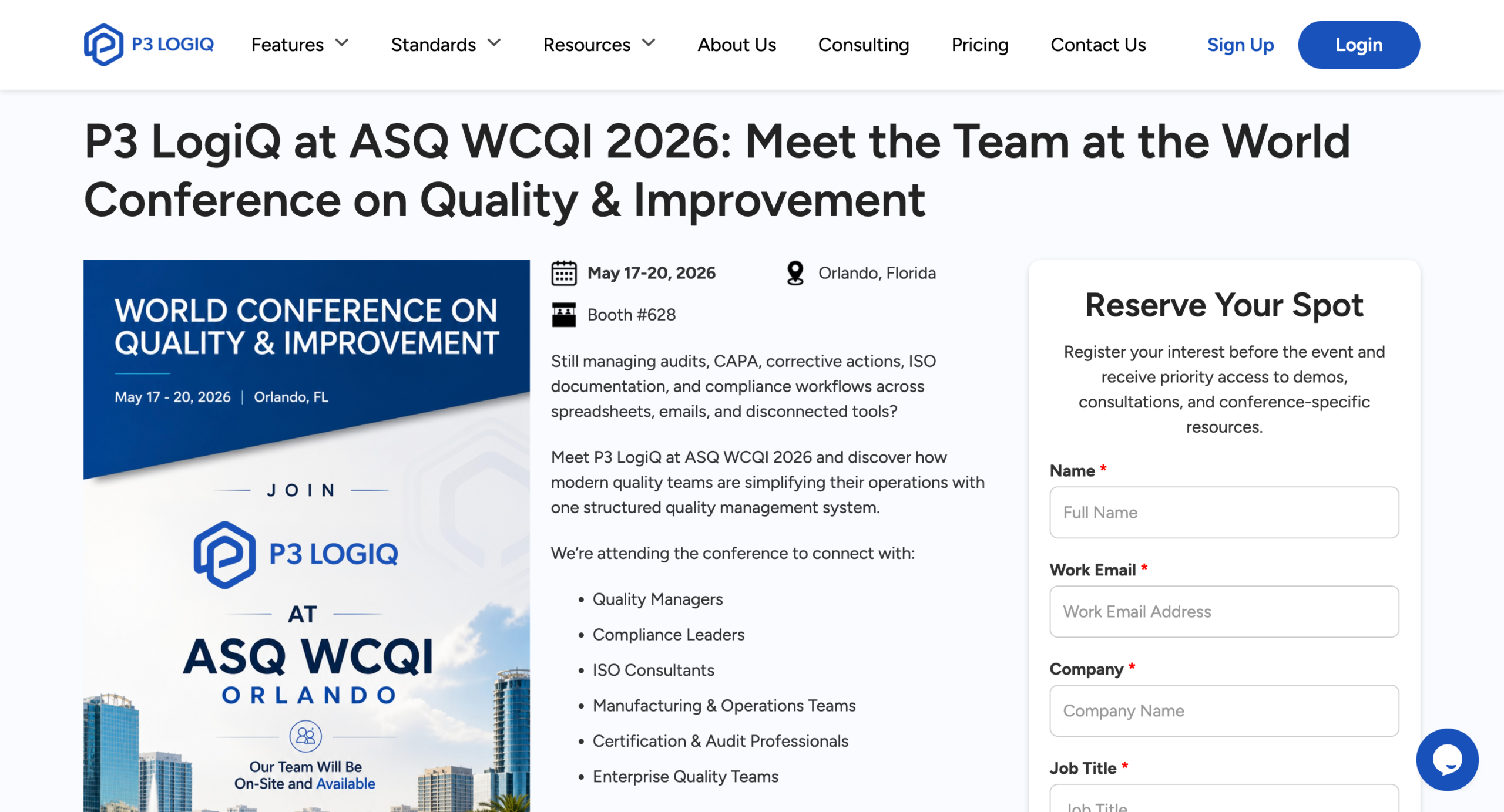 P3 LogiQ team at ASQ WCQI 2026 in Orlando Florida