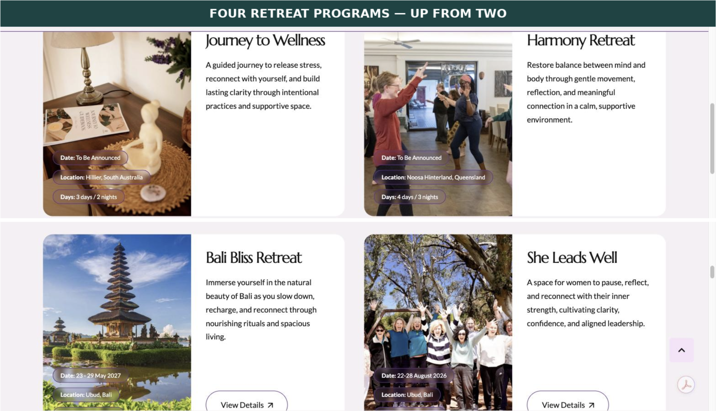 Quantum Retreats retreat program pages
