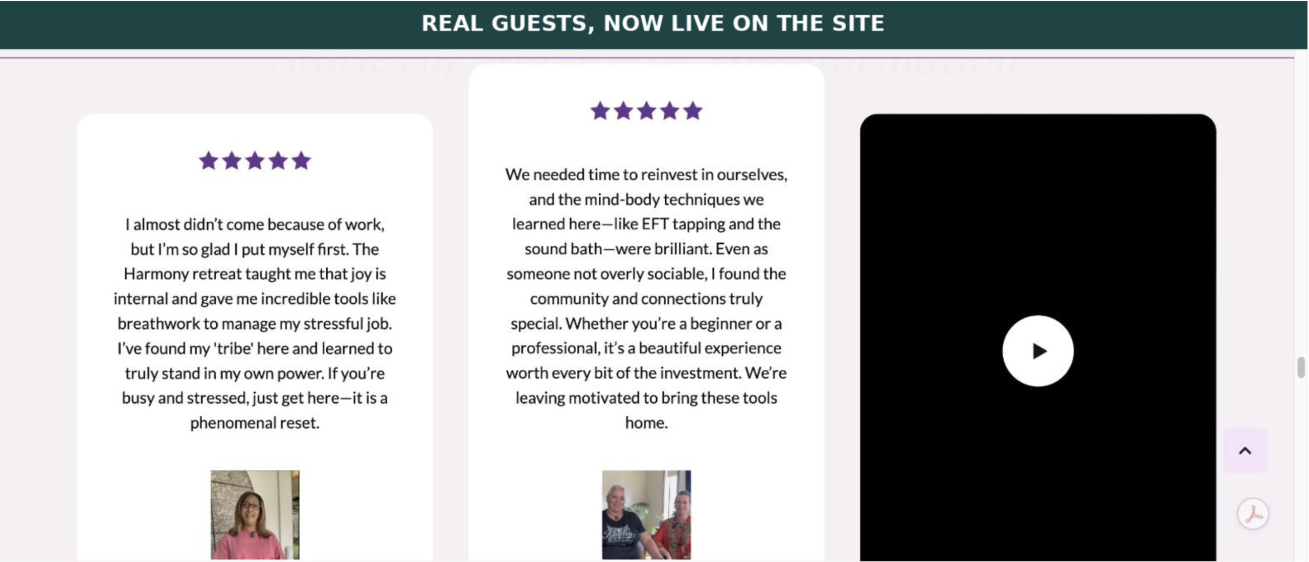 Real guest testimonials on Quantum Retreats website
