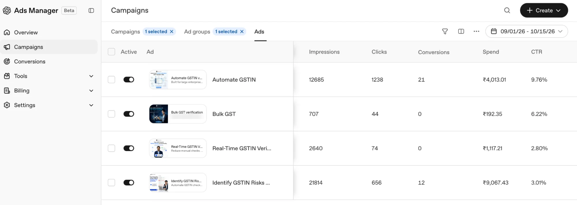 Ad groups: Manual bid 5 conversions at ₹10.19 CPC; Auto bid 12 conversions at ₹6.01 CPC